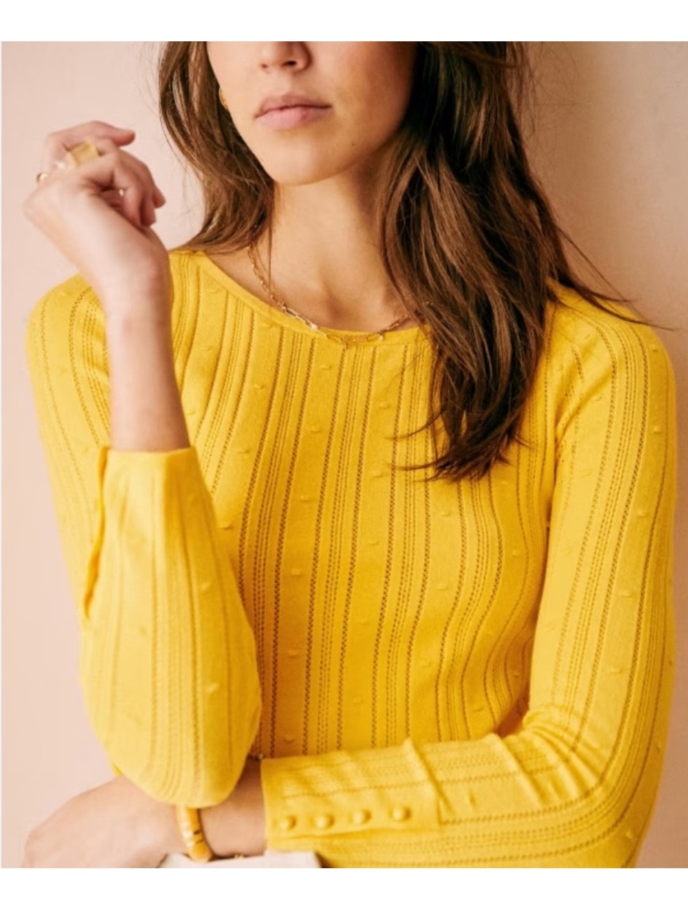 Sezane Yellow Emilien Pointelle Crewneck Sweater Knit Jumper